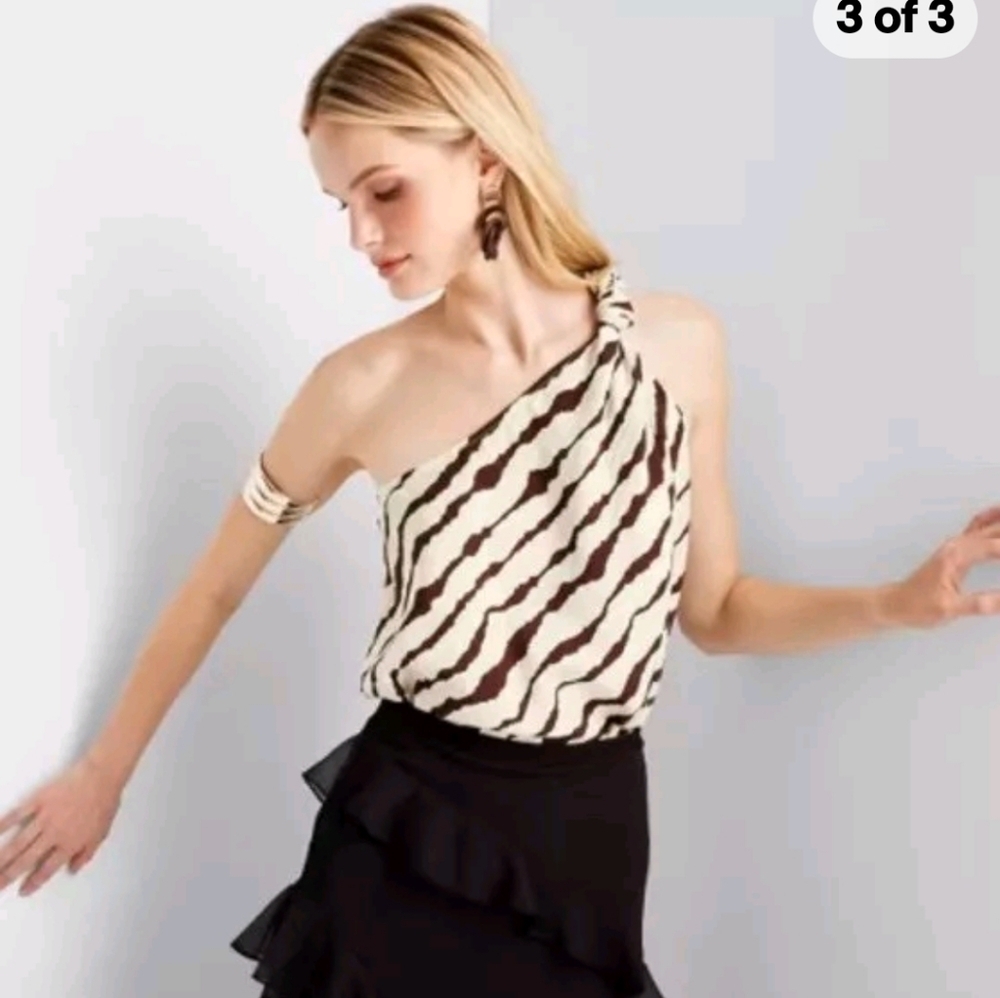 Women's Brown & White Off the Shoulder  Blouse - Future Collective  - Size XL